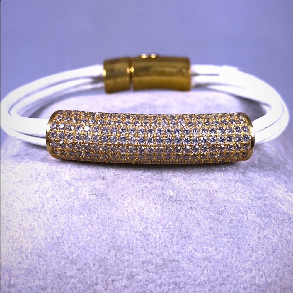 Pave Clear Rhinestone and White Leather Bracelet 7.5”